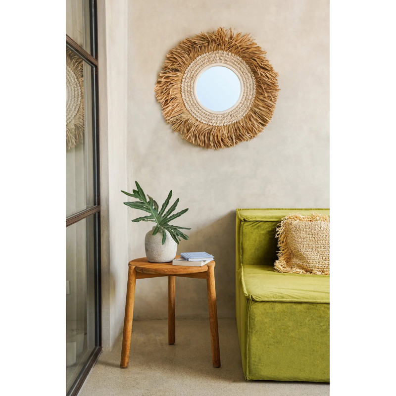 Miroir Mural Rond 75 cm en Raphia Naturel Coquillage Blanc The Raffia Cowri 