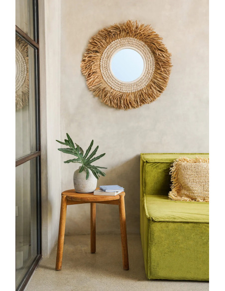 Miroir Mural Rond 75 cm en Raphia Naturel Coquillage Blanc The Raffia Cowri 