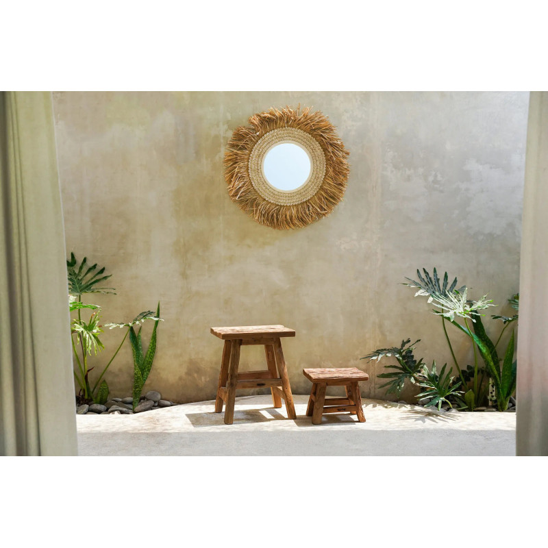 Miroir Mural Rond 75 cm en Raphia Naturel Coquillage Blanc The Raffia Cowri 