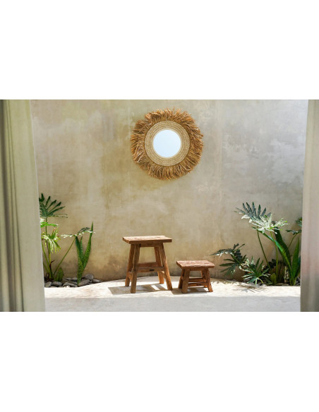 Miroir Mural Rond 75 cm en Raphia Naturel Coquillage Blanc The Raffia Cowri 