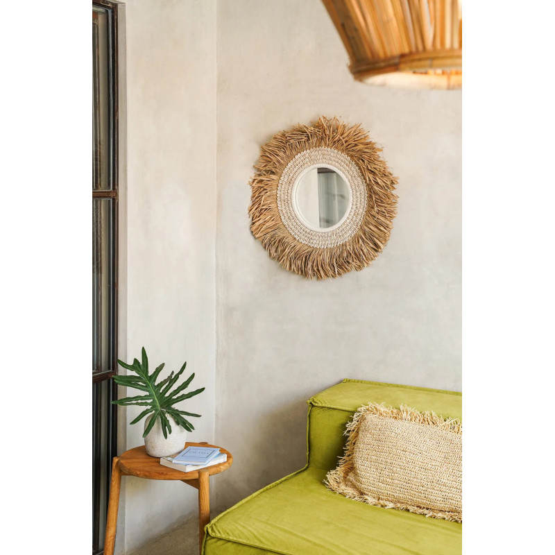 Miroir Mural Rond 75 cm en Raphia Naturel Coquillage Blanc The Raffia Cowri 