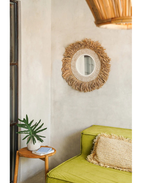 Miroir Mural Rond 75 cm en Raphia Naturel Coquillage Blanc The Raffia Cowri 