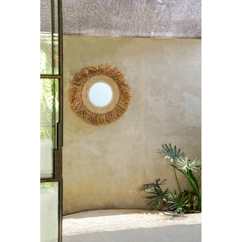 Miroir Mural Rond 75 cm en Raphia Naturel Coquillage Blanc The Raffia Cowri 