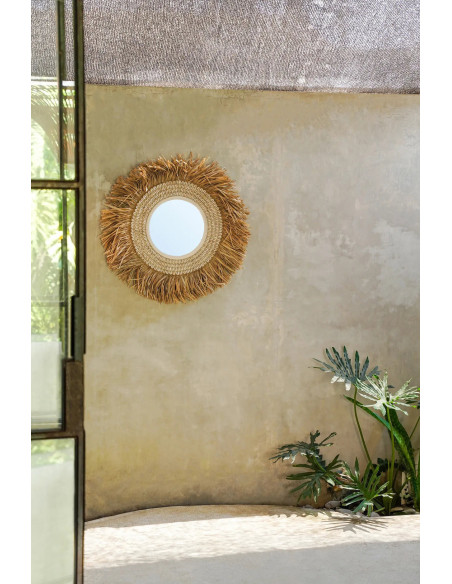 Miroir Mural Rond 75 cm en Raphia Naturel Coquillage Blanc The Raffia Cowri 