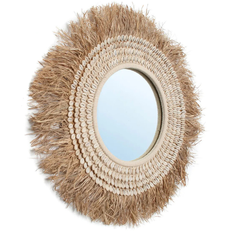 Miroir Mural Rond 75 cm en Raphia Naturel Coquillage Blanc The Raffia Cowri 