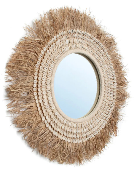 Miroir Mural Rond 75 cm en Raphia Naturel Coquillage Blanc The Raffia Cowri 