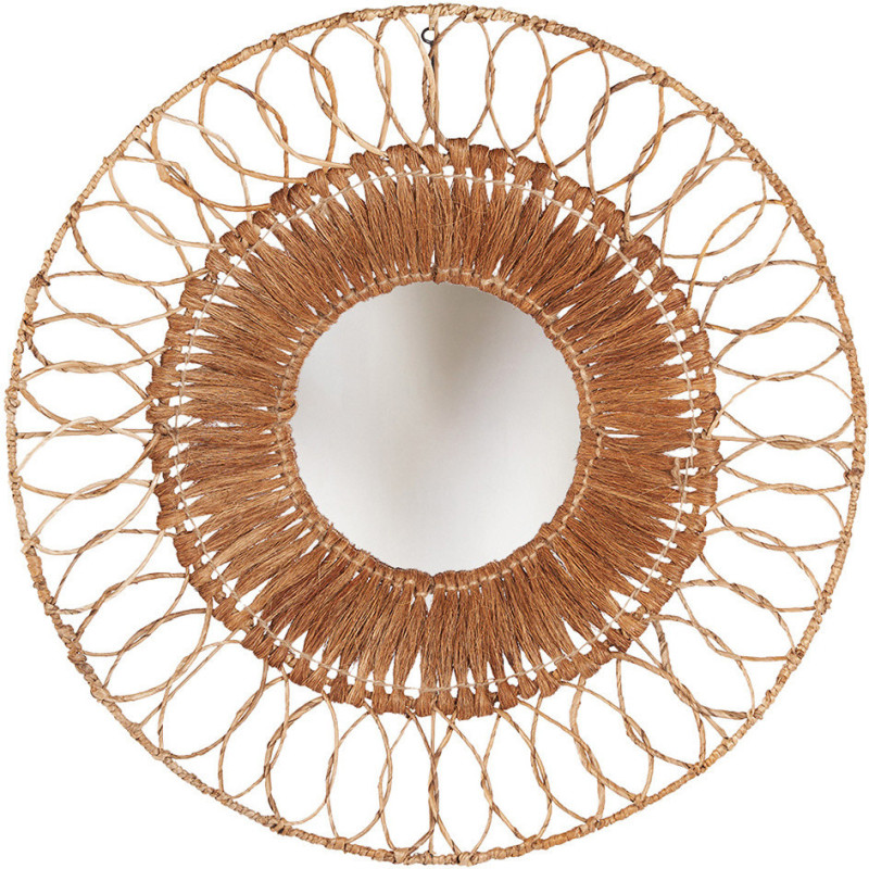 Grand Miroir mural bohème chic Rond 80x80 Feuille de bananier Noix de coco Naturel Tressé The Montezuma 