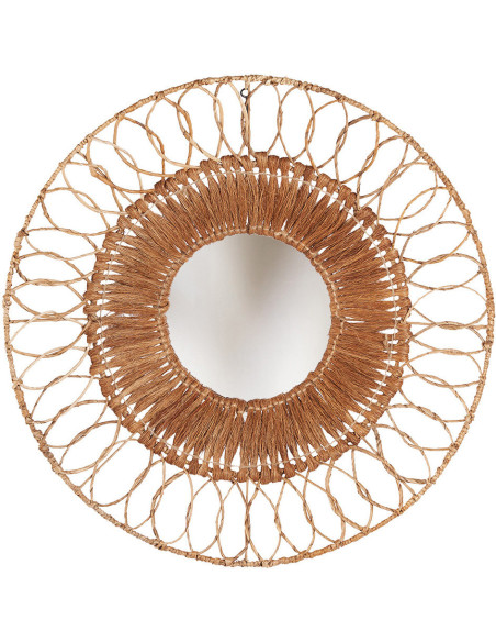 Grand Miroir mural bohème chic Rond 80x80 Feuille de bananier Noix de coco Naturel Tressé The Montezuma 