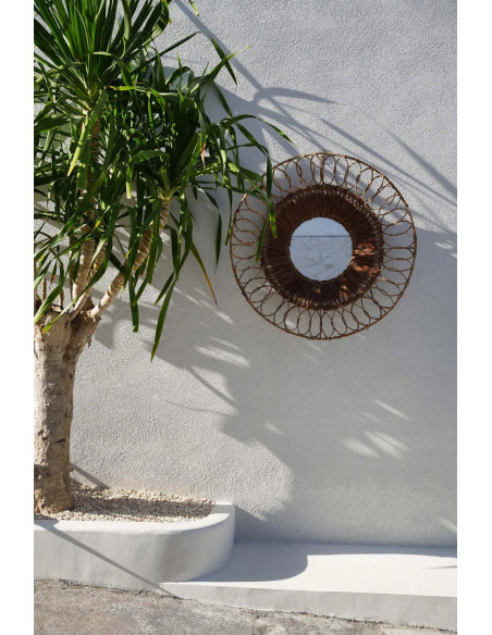 Grand Miroir mural bohème chic Rond 80x80 Feuille de bananier Noix de coco Naturel Tressé The Montezuma 