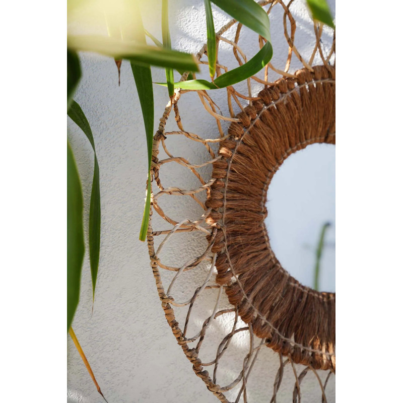 Grand Miroir mural bohème chic Rond 80x80 Feuille de bananier Noix de coco Naturel Tressé The Montezuma 