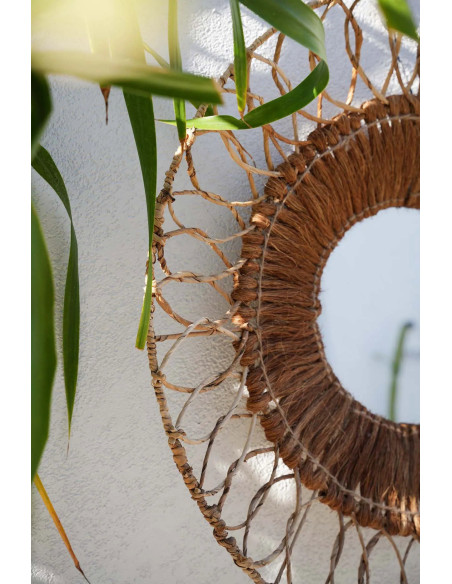 Grand Miroir mural bohème chic Rond 80x80 Feuille de bananier Noix de coco Naturel Tressé The Montezuma 