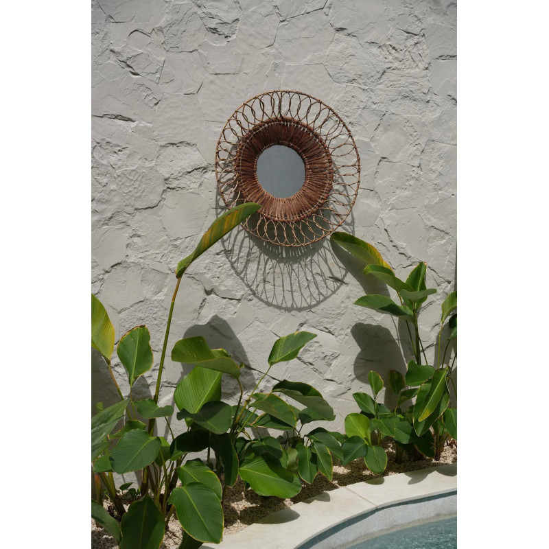 Grand Miroir mural bohème chic Rond 80x80 Feuille de bananier Noix de coco Naturel Tressé The Montezuma 