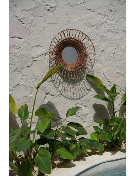 Grand Miroir mural bohème chic Rond 80x80 Feuille de bananier Noix de coco Naturel Tressé The Montezuma 