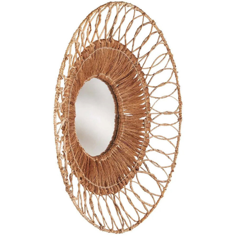Grand Miroir mural bohème chic Rond 80x80 Feuille de bananier Noix de coco Naturel Tressé The Montezuma 