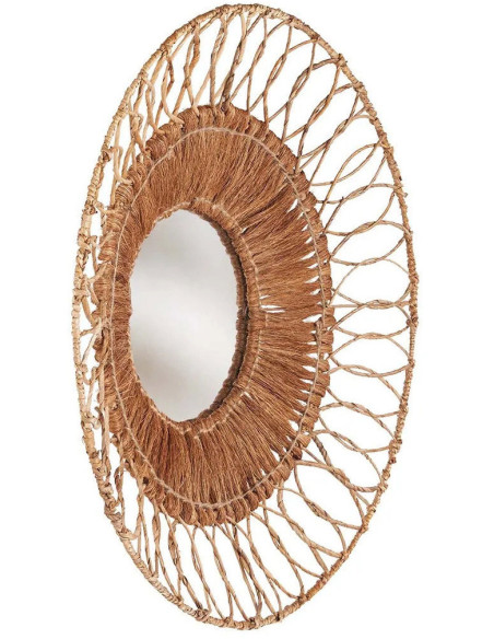 Grand Miroir mural bohème chic Rond 80x80 Feuille de bananier Noix de coco Naturel Tressé The Montezuma 