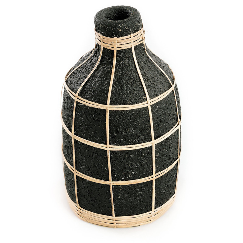 Vase Bouteille Hauteur 24 cm en Terre cuite Noir Raphia Naturel The Whoopy 