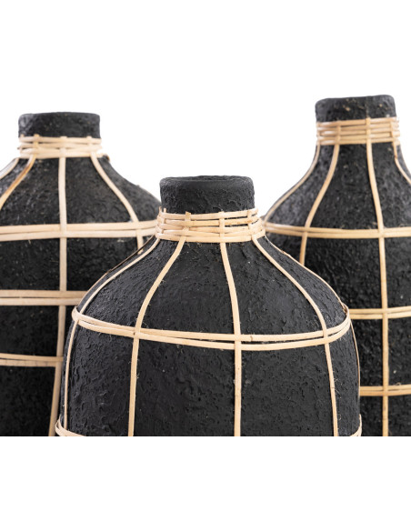 Vase Bouteille Hauteur 24 cm en Terre cuite Noir Raphia Naturel The Whoopy 