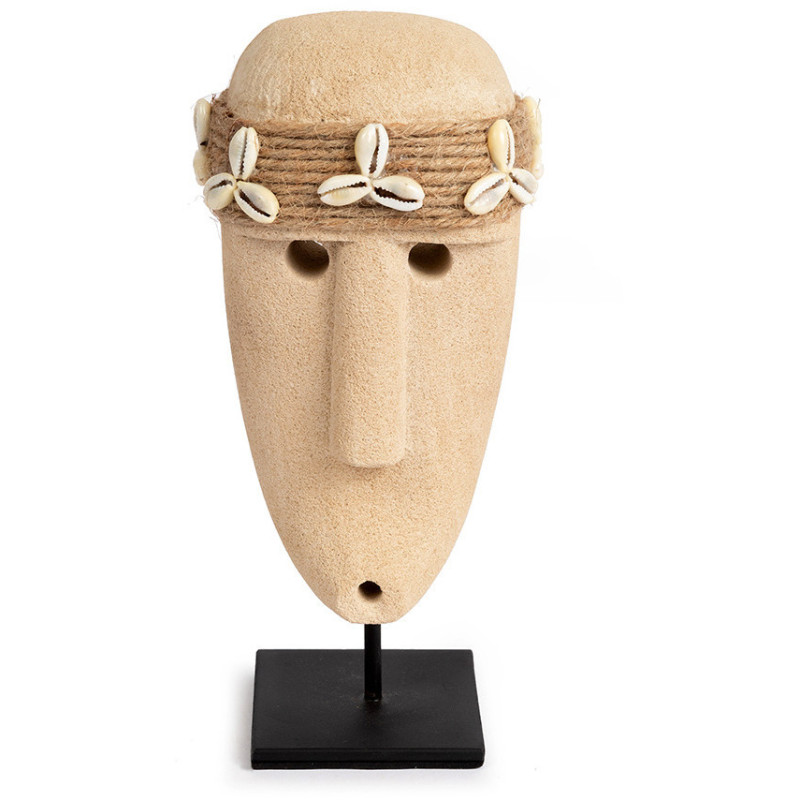 Sculpture déco primitive sur pied Hauteur 19 cm Grès Beige sable Coquillage Métal Noir The Sumba Stone 