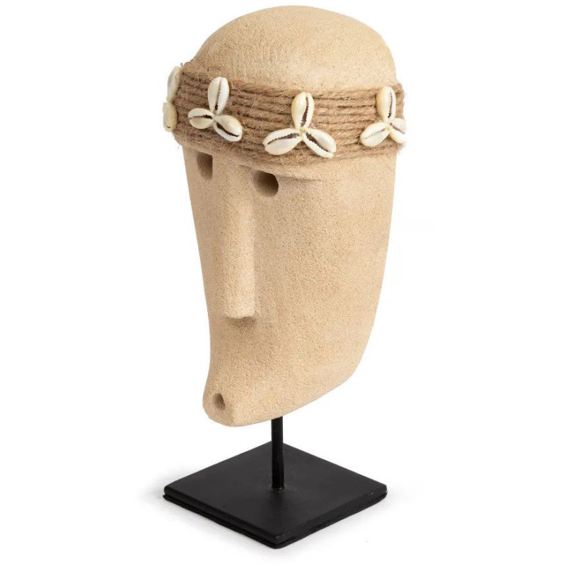 Sculpture déco primitive sur pied Hauteur 19 cm Grès Beige sable Coquillage Métal Noir The Sumba Stone 