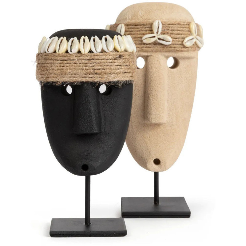 Sculpture déco primitive sur pied Hauteur 19 cm Grès Beige sable Coquillage Métal Noir The Sumba Stone 