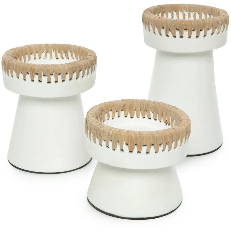 Bougeoir sur pied Rond Hauteur 16 cm en Terre cuite Blanc Raphia Naturel The Pretty 