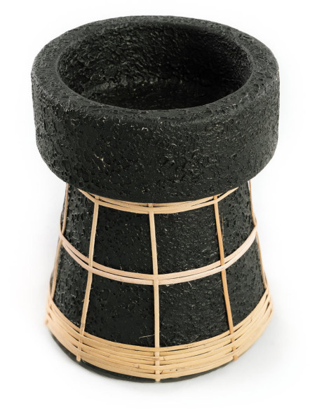 Bougeoir sur pied Rond Hauteur 16 cm en Terre cuite Noir Raphia Naturel The Serene 