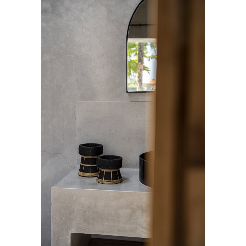 Bougeoir sur pied Rond Hauteur 16 cm en Terre cuite Noir Raphia Naturel The Serene 