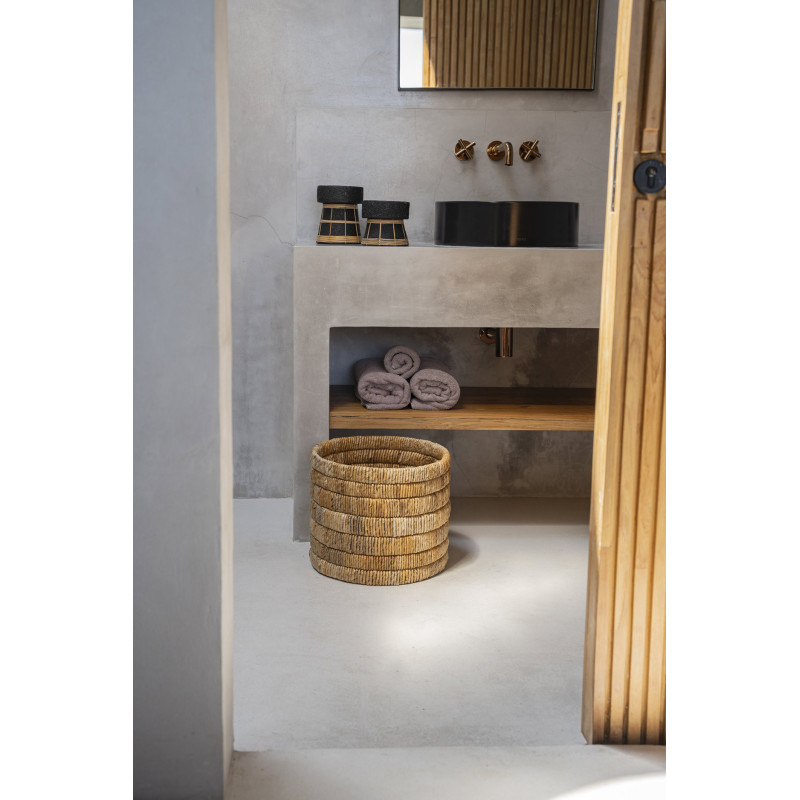 Bougeoir sur pied Rond Hauteur 16 cm en Terre cuite Noir Raphia Naturel The Serene 