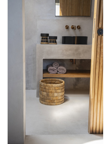 Bougeoir sur pied Rond Hauteur 16 cm en Terre cuite Noir Raphia Naturel The Serene 