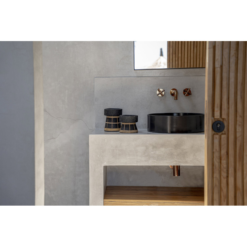 Bougeoir sur pied Rond Hauteur 16 cm en Terre cuite Noir Raphia Naturel The Serene 