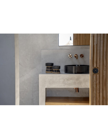 Bougeoir sur pied Rond Hauteur 16 cm en Terre cuite Noir Raphia Naturel The Serene 