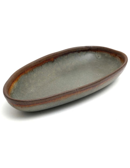 Plat de service organique ovale 23 cm Grès Gris vert Marron The Côa 