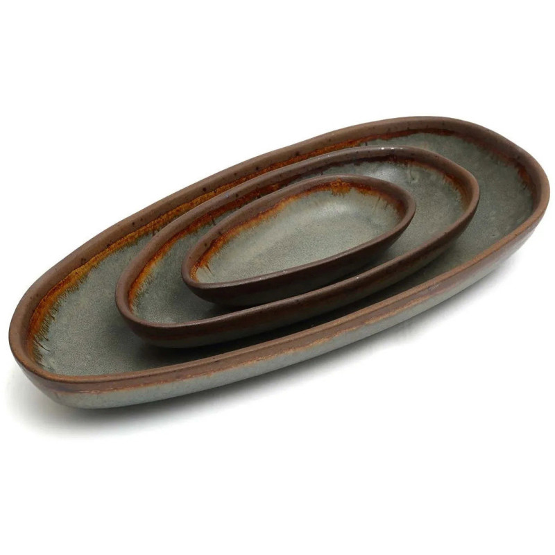 Plat de service organique ovale 23 cm Grès Gris vert Marron The Côa 
