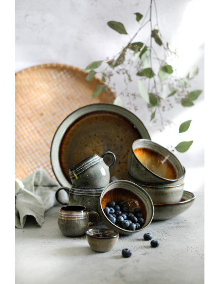 Bol à céréales rustique chic Rond 15 cm Céramique Vert de gris Marron foncé Beige The Comporta 