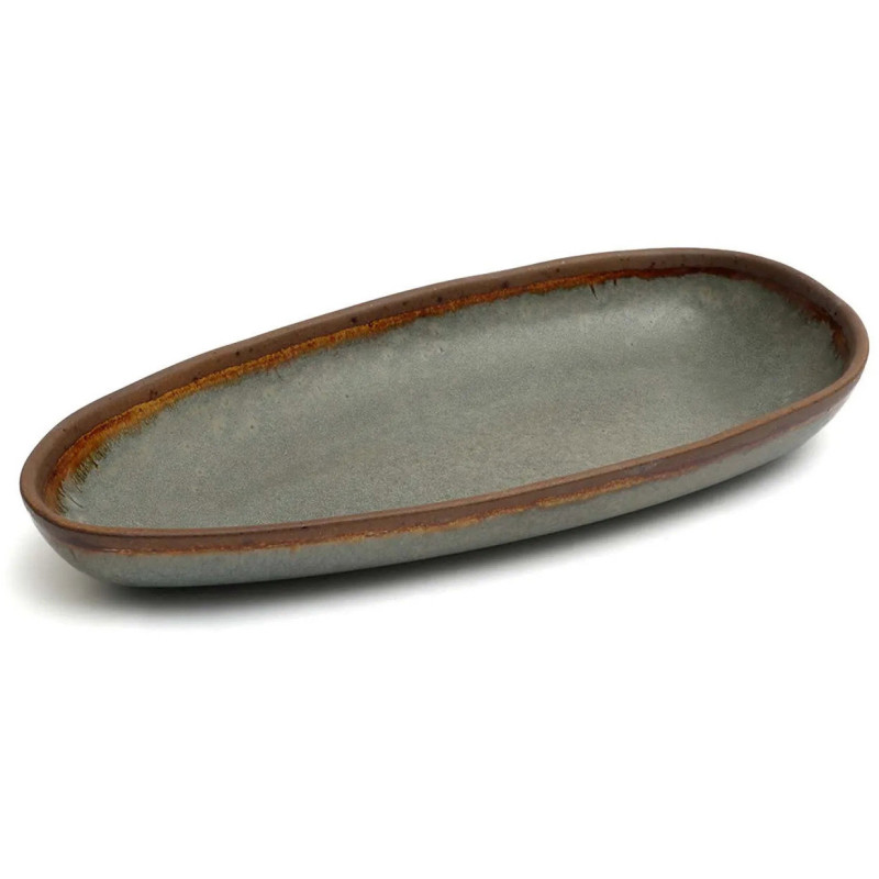 Plat de service organique ovale 34 cm Grès Gris vert Marron The Côa 