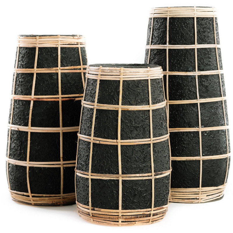 Vase Rond Hauteur 22 cm en Terre cuite Noir Raphia Naturel The Cutie 