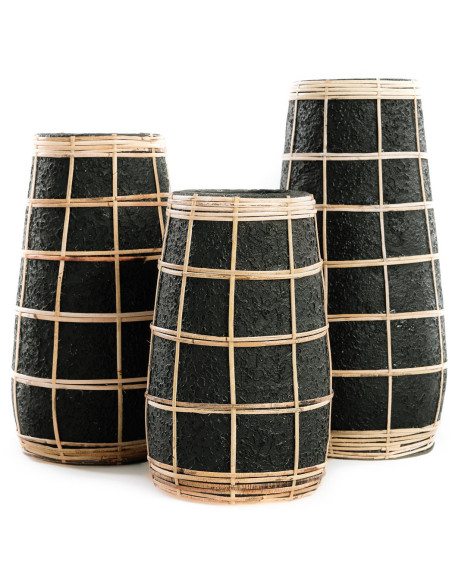 Vase Rond Hauteur 22 cm en Terre cuite Noir Raphia Naturel The Cutie 