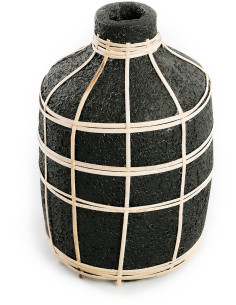 Vase Bouteille Hauteur 23 cm en Terre cuite Noir Raphia Naturel The Whoopy 