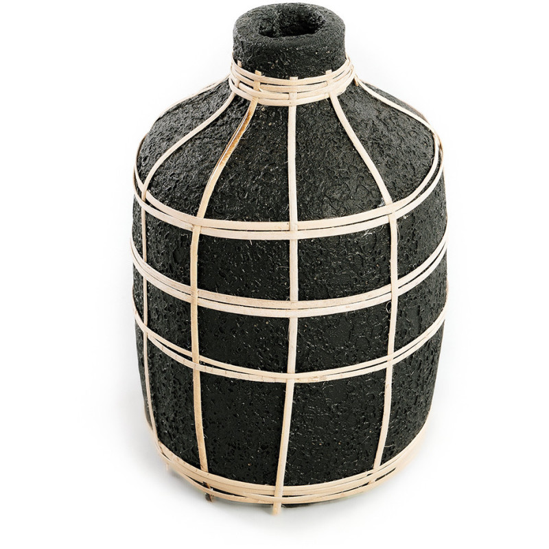 Vase Bouteille Hauteur 23 cm en Terre cuite Noir Raphia Naturel The Whoopy 