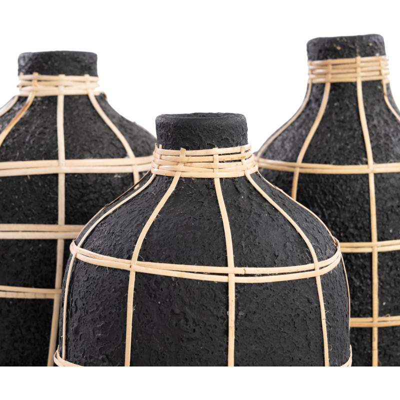 Vase Bouteille Hauteur 23 cm en Terre cuite Noir Raphia Naturel The Whoopy 