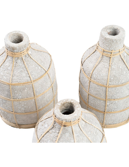 Vase Bouteille Hauteur 19 cm en Terre cuite Gris béton Raphia Naturel The Whoopy 