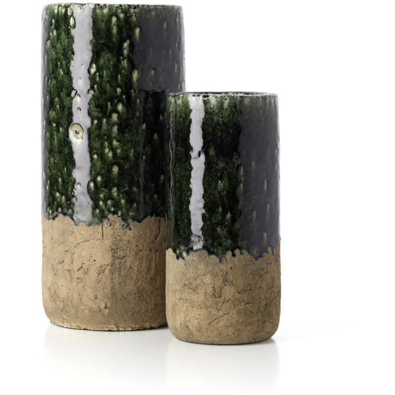 Vase wabi-sabi moderne Cylindrique H 29 cm Grès Vert Beige béton The Moss 
