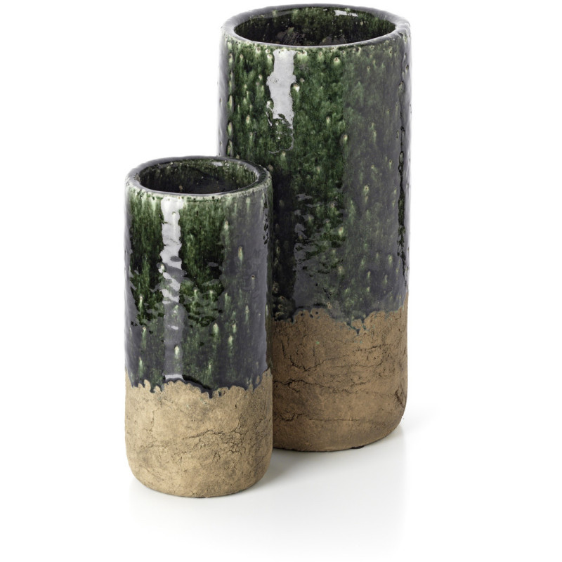 Vase wabi-sabi moderne Cylindrique H 29 cm Grès Vert Beige béton The Moss 