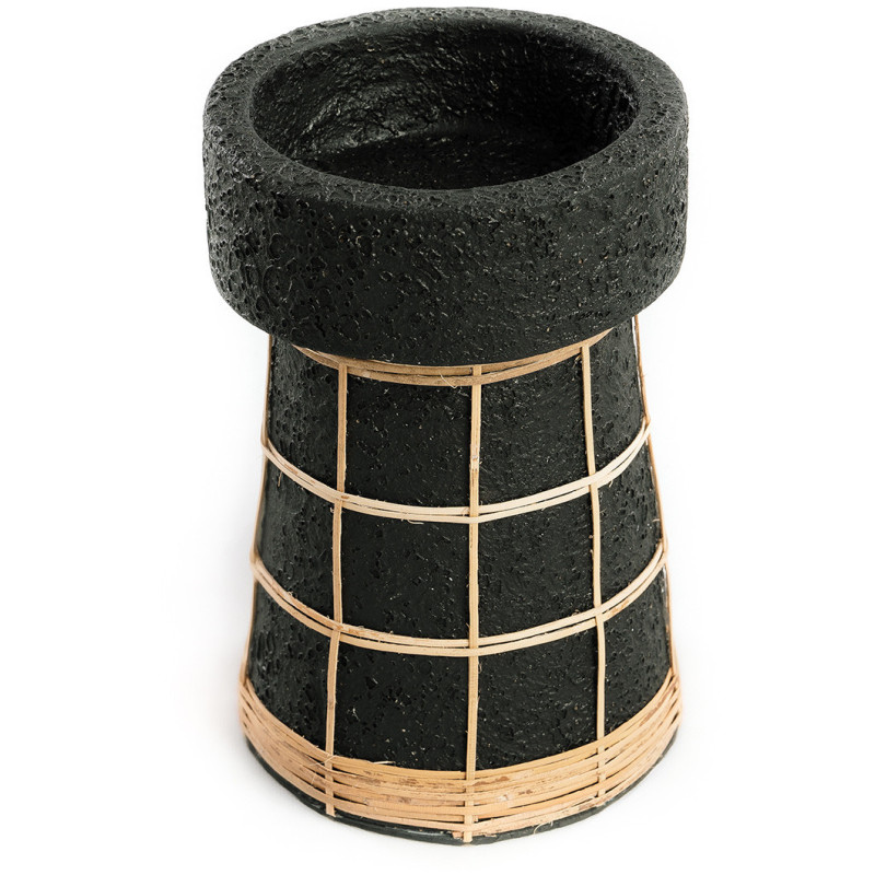 Bougeoir sur pied Rond Hauteur 20 cm en Terre cuite Noir Raphia Naturel The Serene 