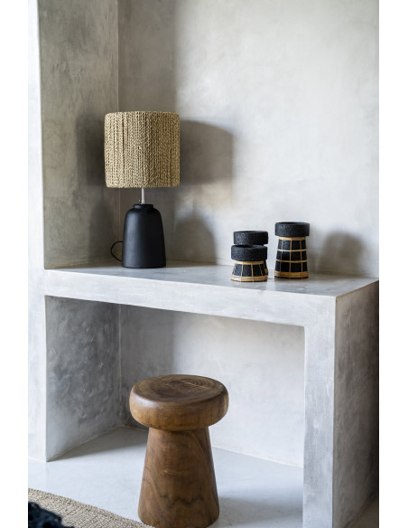 Bougeoir sur pied Rond Hauteur 20 cm en Terre cuite Noir Raphia Naturel The Serene 