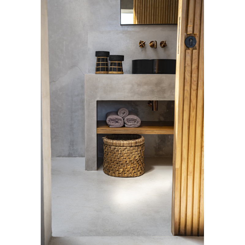 Bougeoir sur pied Rond Hauteur 20 cm en Terre cuite Noir Raphia Naturel The Serene 