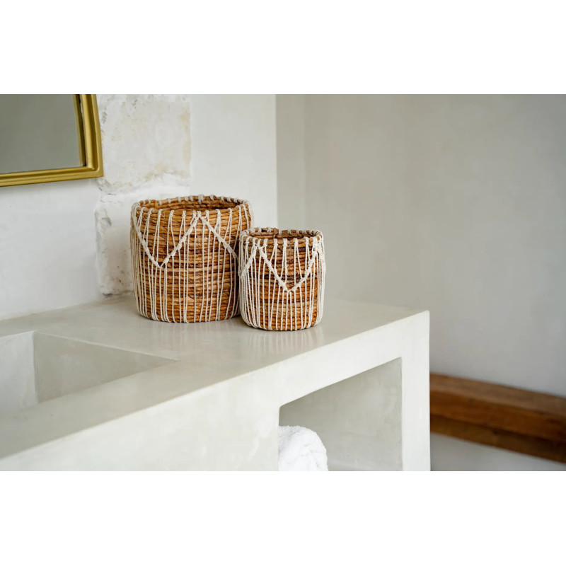 Panier de rangement original macramé Rond 20x20 en Feuille de bananier Naturel Coton Blanc The Macra-mazing 