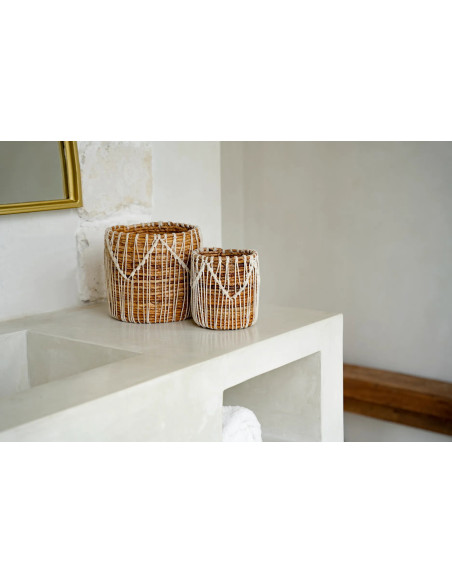 Panier de rangement original macramé Rond 20x20 en Feuille de bananier Naturel Coton Blanc The Macra-mazing 