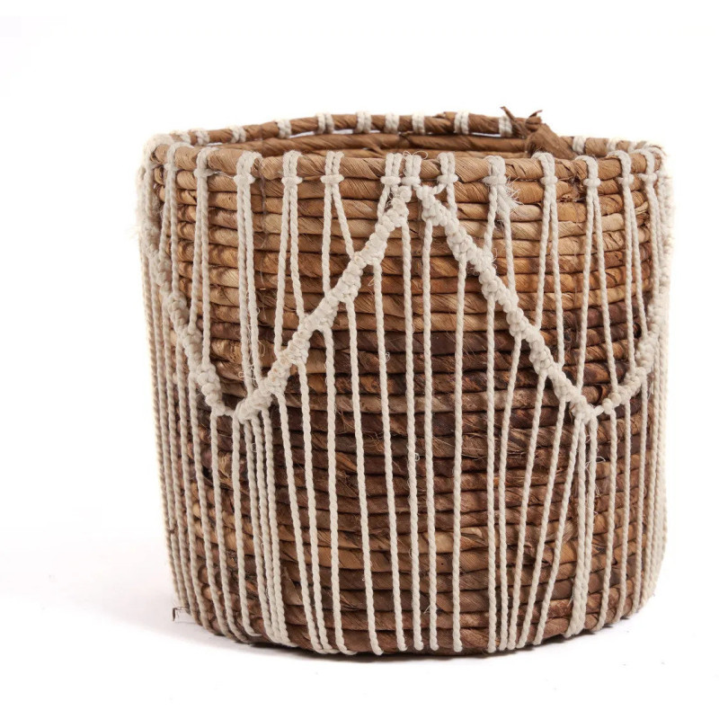 Panier de rangement original macramé Rond 20x20 en Feuille de bananier Naturel Coton Blanc The Macra-mazing 