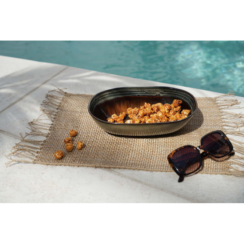 Saladier rustique chic Ovale 25 cm Céramique Vert de gris Marron foncé Beige The Comporta 